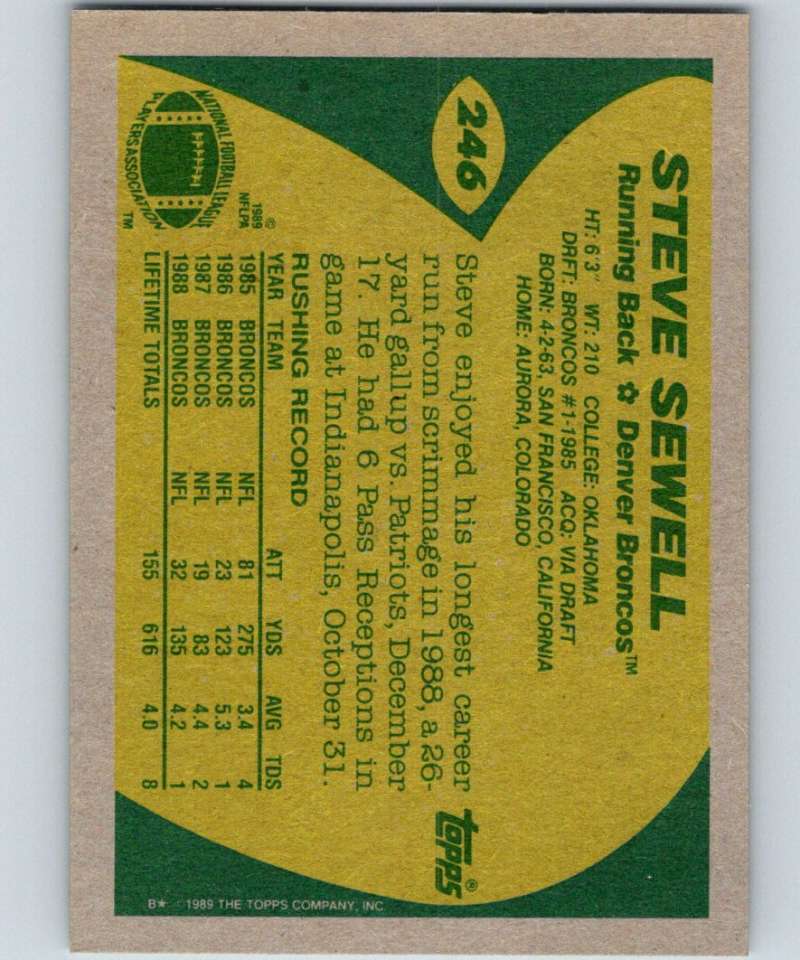 1989 Topps #246 Steve Sewell RC Rookie Broncos NFL Football Image 2