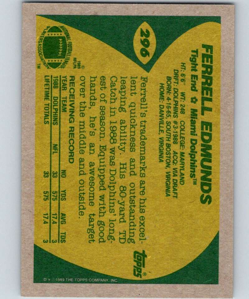 1989 Topps #296 Ferrell Edmunds RC Rookie Dolphins NFL Football Image 2