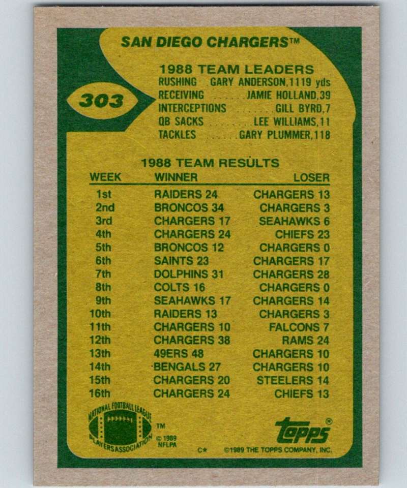 1989 Topps #303 Tim Spencer Chargers TL NFL Football Image 2