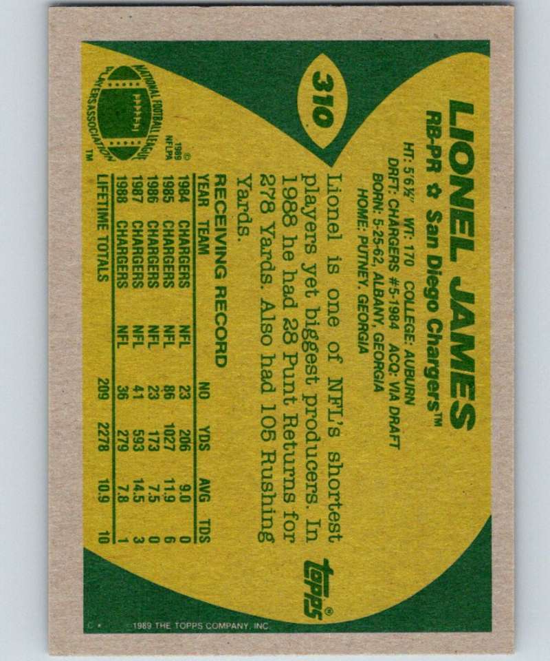 1989 Topps #310 Lionel James Chargers NFL Football Image 2