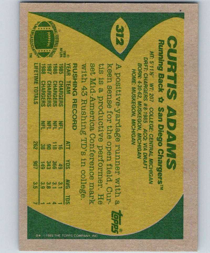 1989 Topps #312 Curtis Adams Chargers NFL Football Image 2