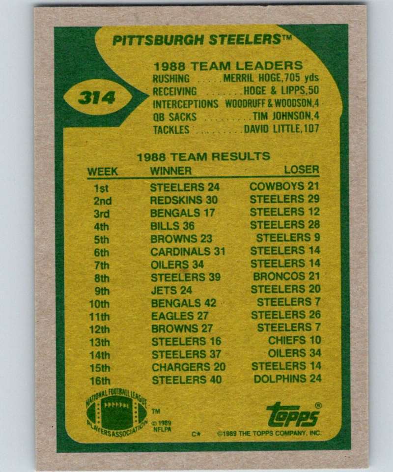 1989 Topps #314 Pittsburgh Steelers Steelers TL NFL Football Image 2