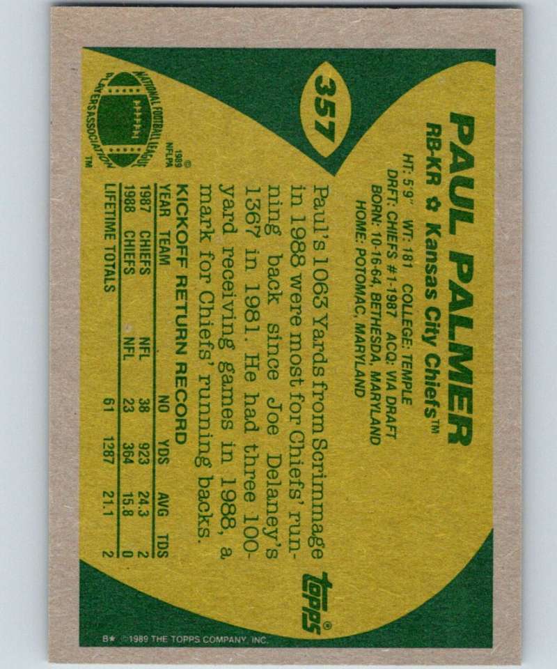 1989 Topps #357 Paul Palmer Chiefs NFL Football Image 2