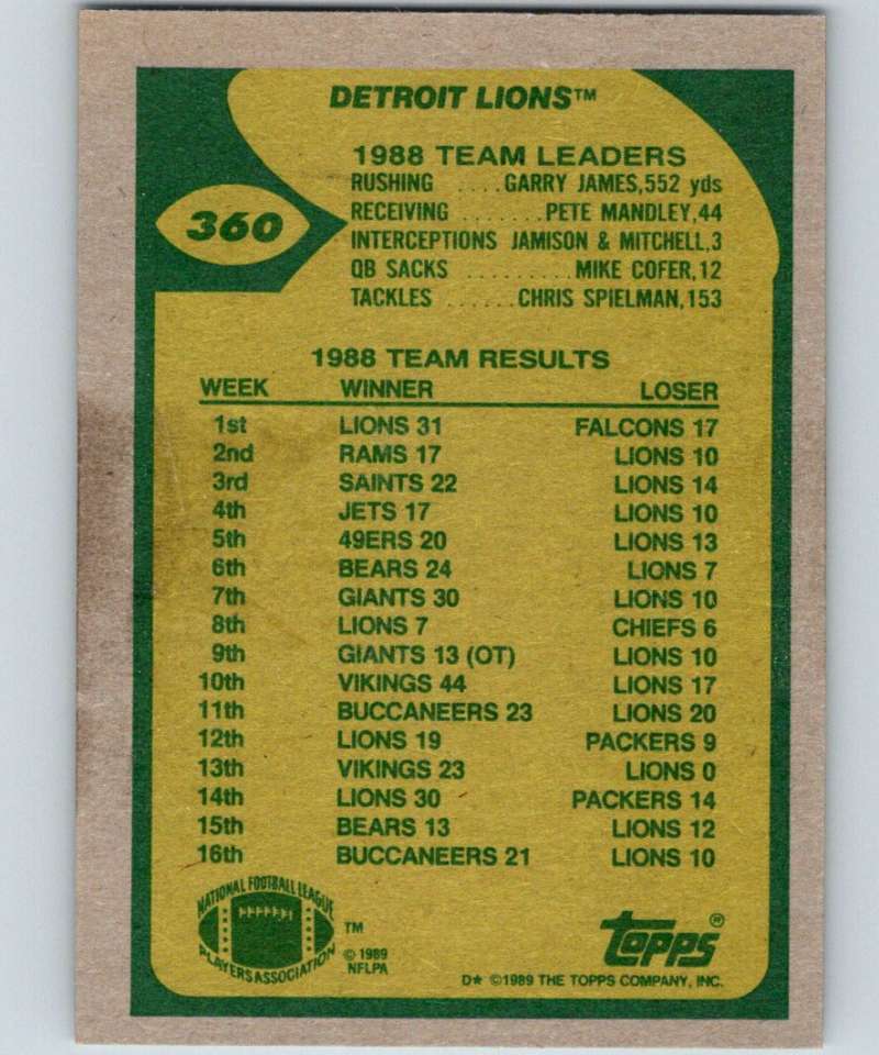 1989 Topps #360 Detroit Lions Lions TL NFL Football Image 2