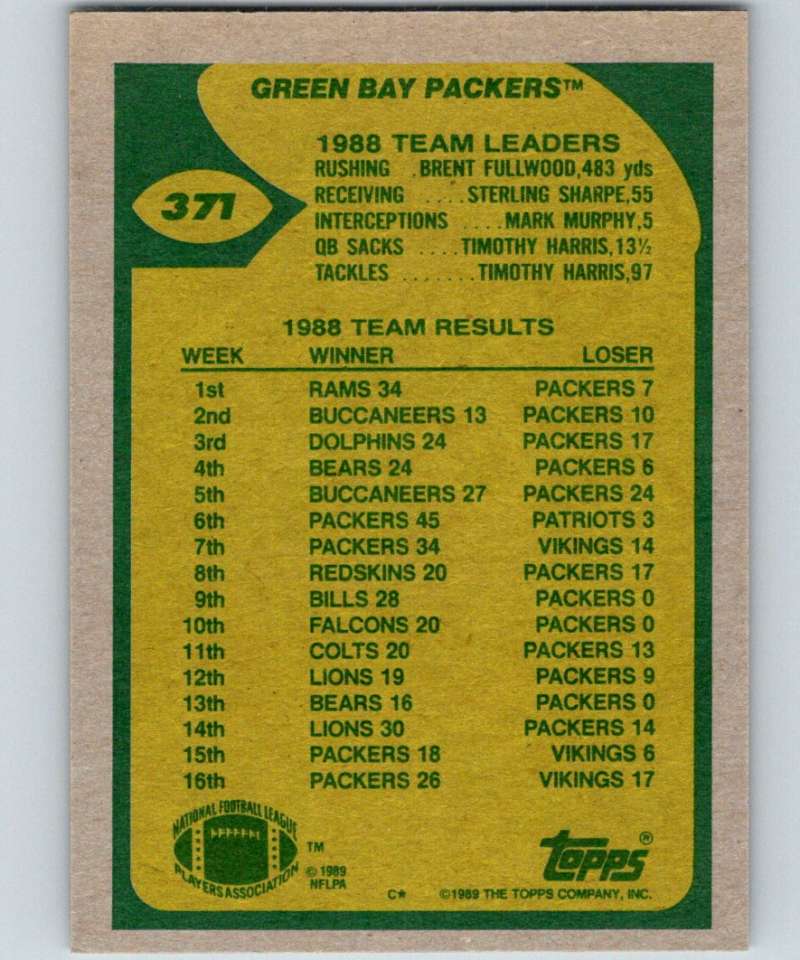 1989 Topps #371 Johnny Holland Packers UER NFL Football Image 2