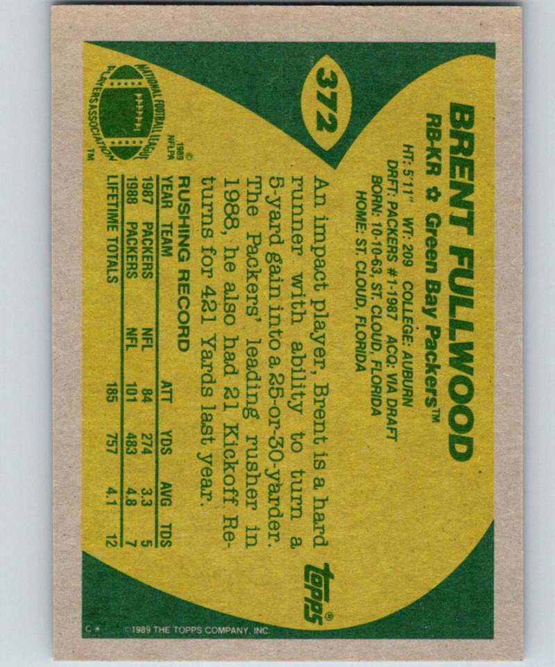 1989 Topps #372 Brent Fullwood RC Rookie Packers NFL Football Image 2