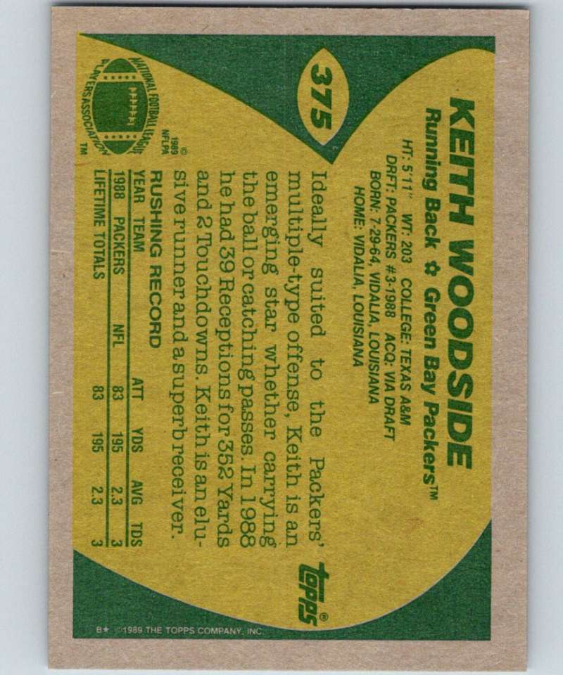 1989 Topps #375 Keith Woodside RC Rookie Packers NFL Football Image 2