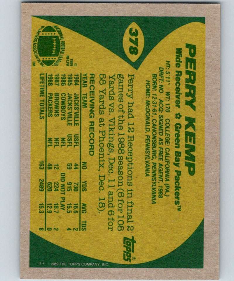 1989 Topps #378 Perry Kemp RC Rookie Packers NFL Football Image 2