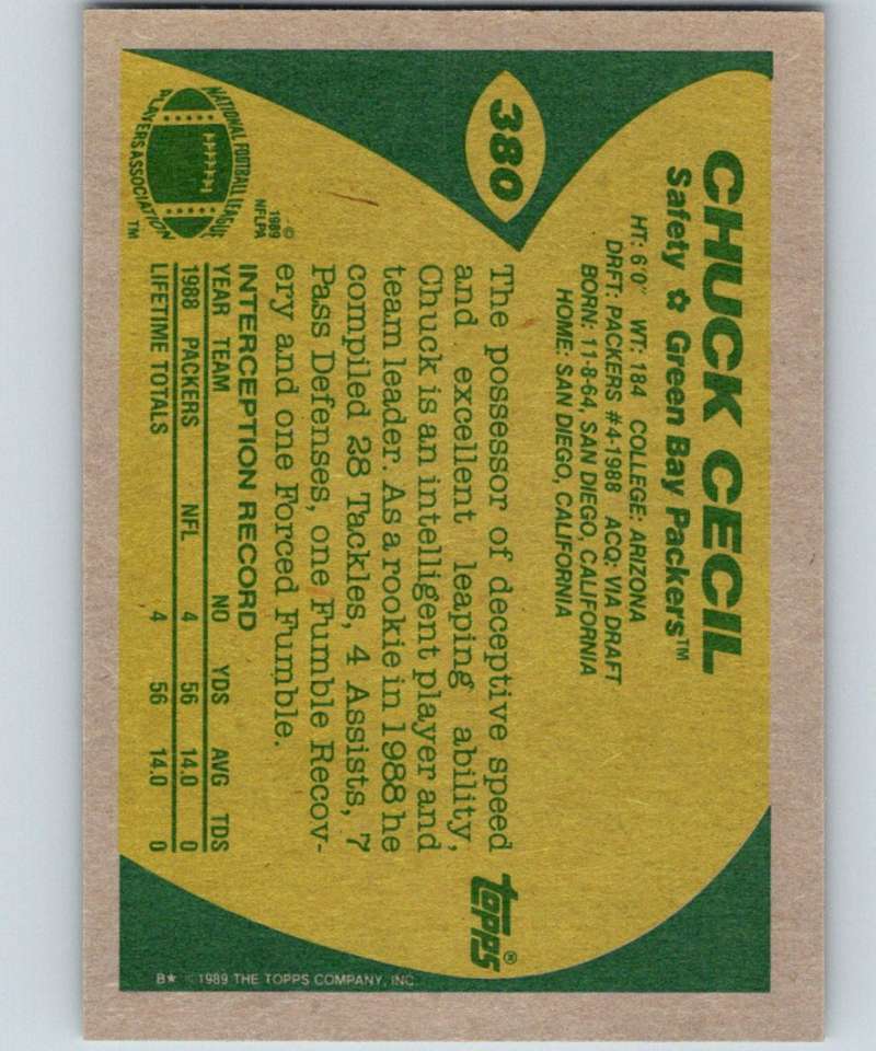 1989 Topps #380 Chuck Cecil RC Rookie Packers NFL Football Image 2