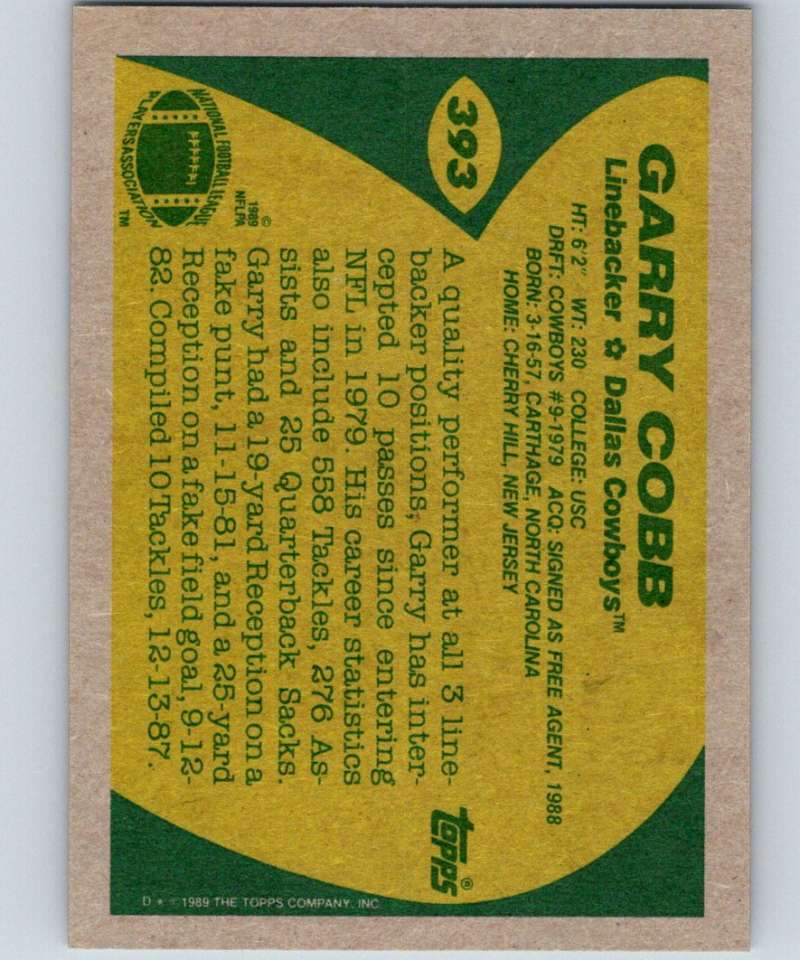 1989 Topps #393 Garry Cobb Cowboys NFL Football Image 2