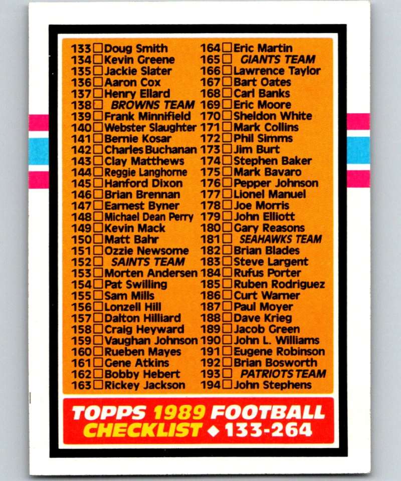 1989 Topps #395 Checklist 133-264 NFL Football Image 1