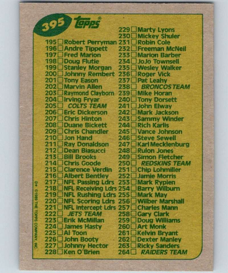 1989 Topps #395 Checklist 133-264 NFL Football Image 2