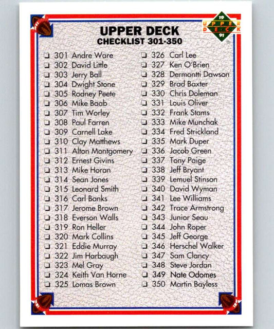 1991 Upper Deck #400 Checklist 301-400 NFL Football Image 1