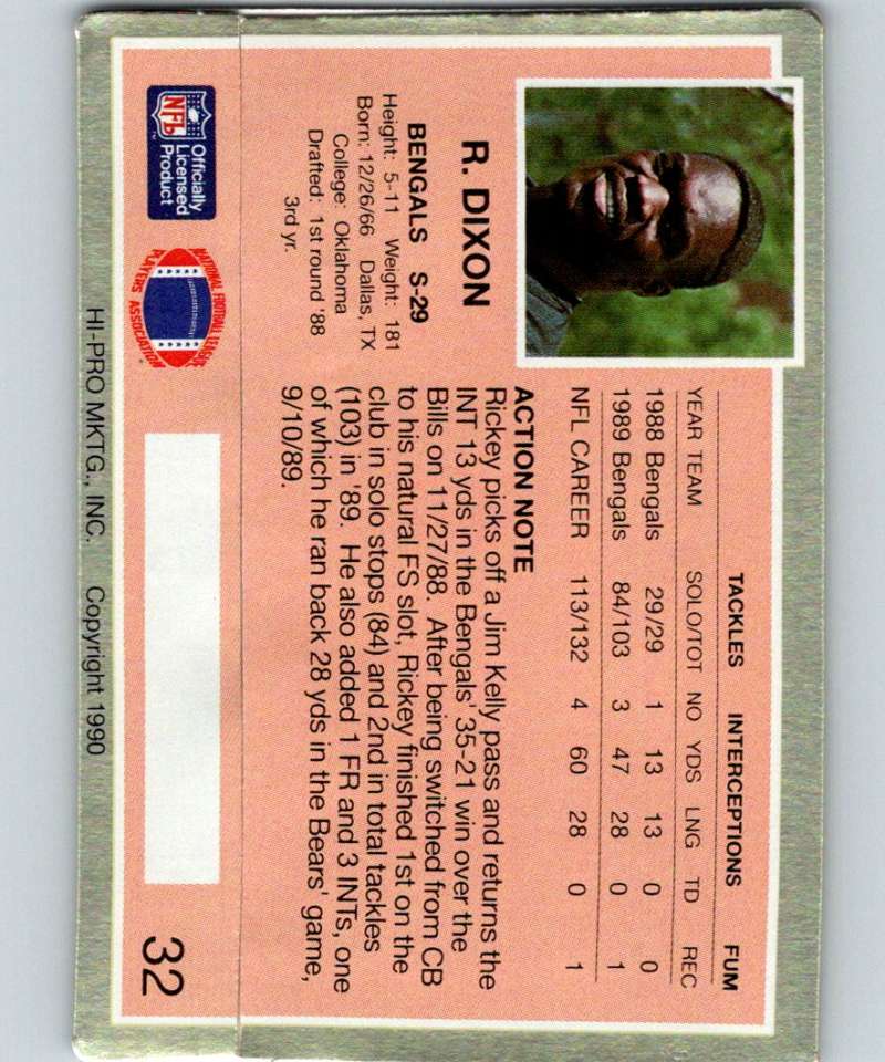 1990 Action Packed #32 Rickey Dixon RC Rookie Bengals NFL Football Image 2