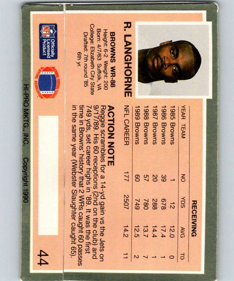 1990 Action Packed #44 Reggie Langhorne Browns NFL Football Image 2