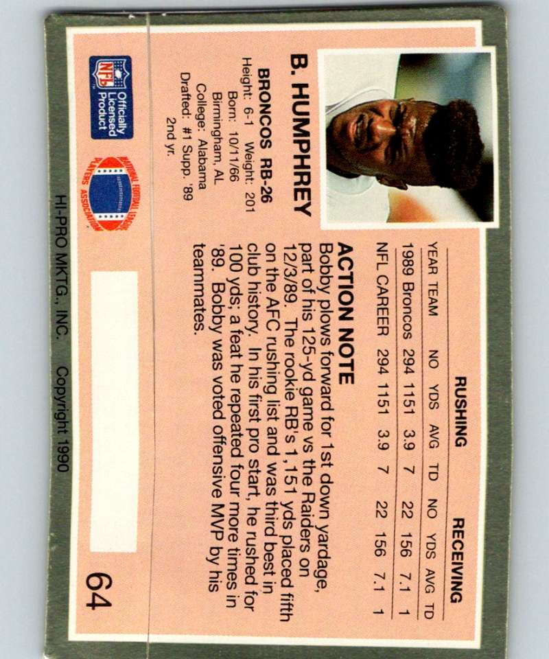 1990 Action Packed #64 Bobby Humphrey Broncos NFL Football Image 2