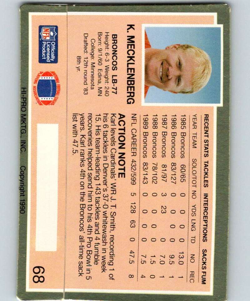 1990 Action Packed #68 Karl Mecklenburg Broncos NFL Football Image 2