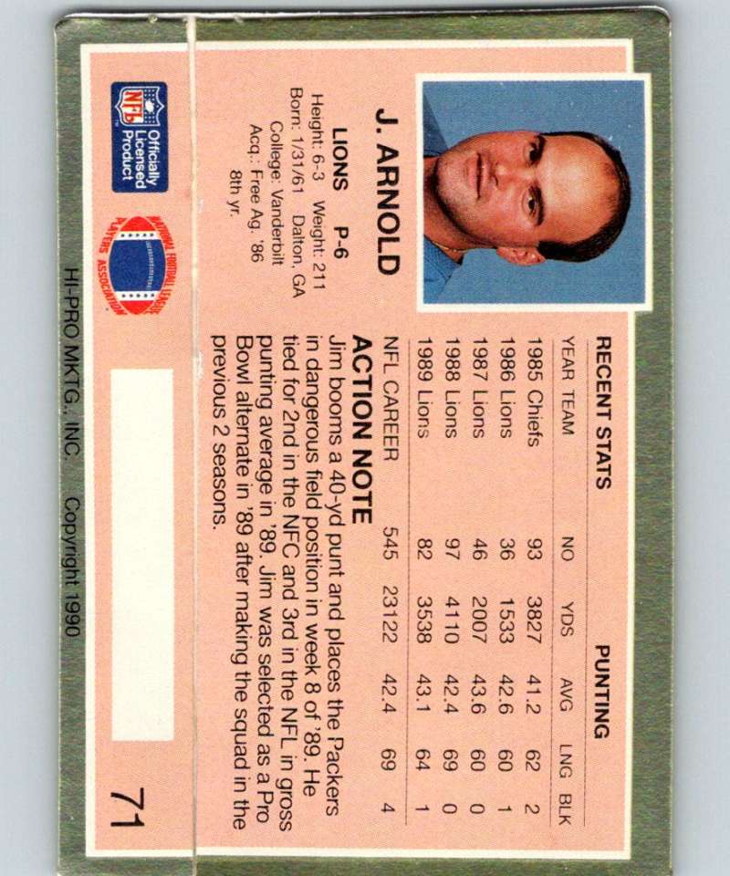1990 Action Packed #71 Jim Arnold Lions NFL Football Image 2