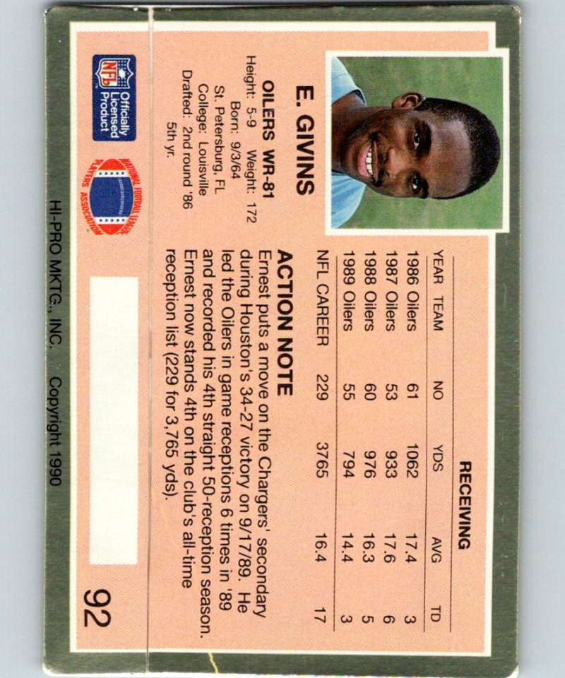 1990 Action Packed #92 Ernest Givins Oilers NFL Football Image 2