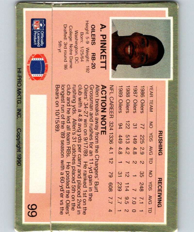 1990 Action Packed #99 Allen Pinkett Oilers NFL Football Image 2