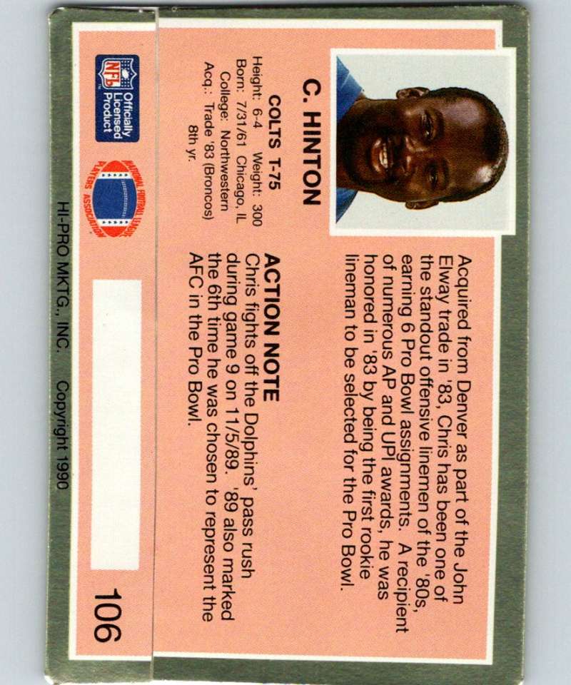 1990 Action Packed #106 Chris Hinton Colts NFL Football Image 2