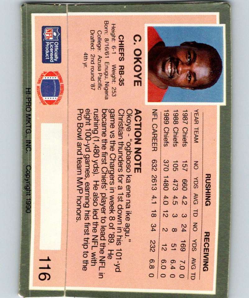 1990 Action Packed #116 Christian Okoye Chiefs NFL Football Image 2