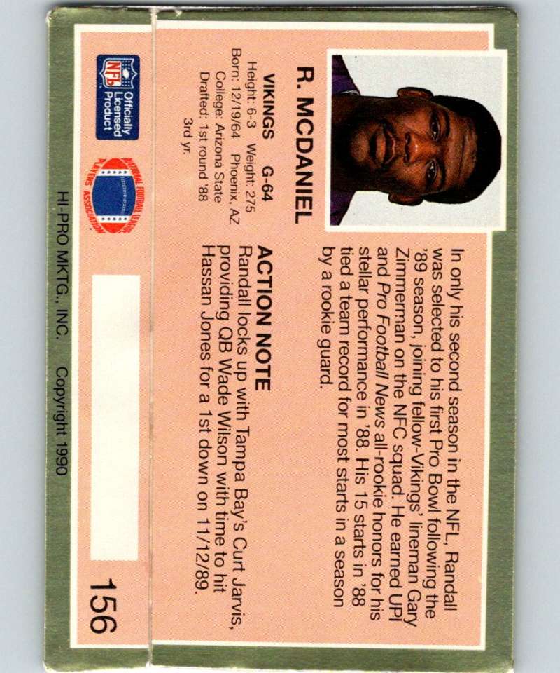 1990 Action Packed #156 Randall McDaniel Vikings NFL Football Image 2