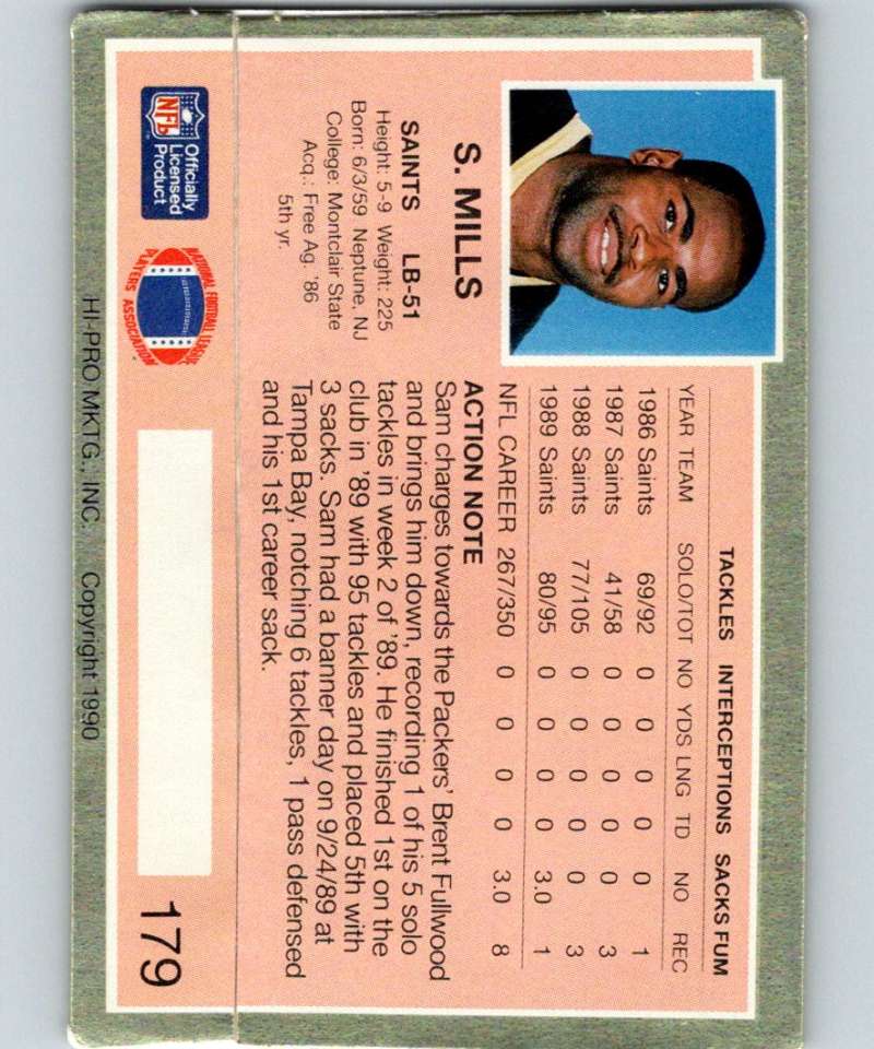 1990 Action Packed #179 Sam Mills Saints NFL Football Image 2