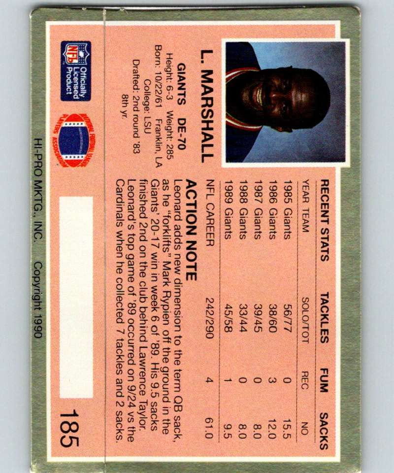 1990 Action Packed #185 Leonard Marshall NY Giants NFL Football Image 2