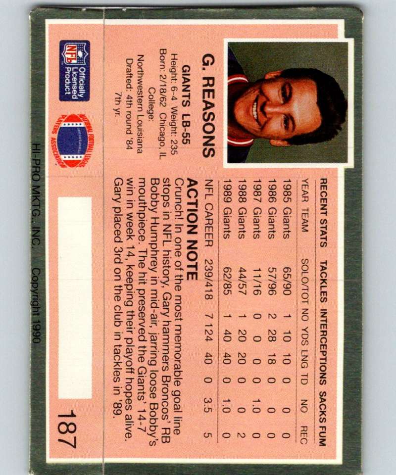 1990 Action Packed #187 Gary Reasons NY Giants NFL Football