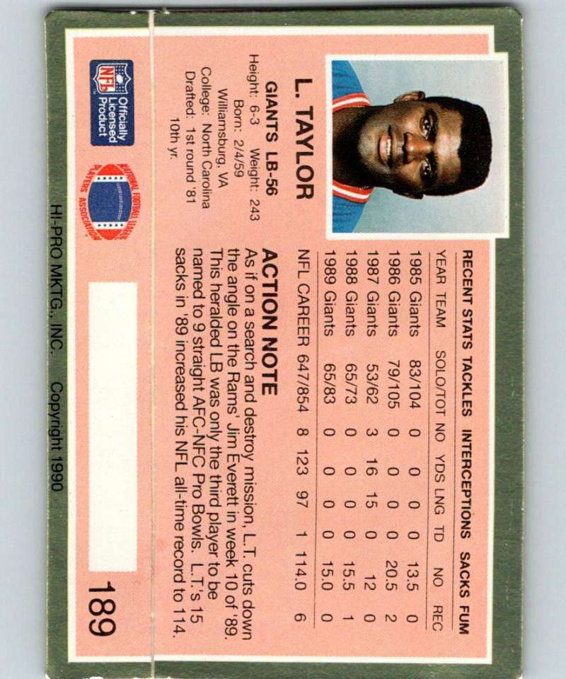 1990 Action Packed #189 Lawrence Taylor NY Giants NFL Football