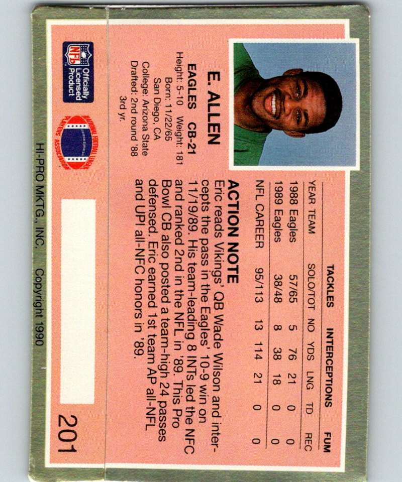 1990 Action Packed #201 Eric Allen Eagles NFL Football Image 2