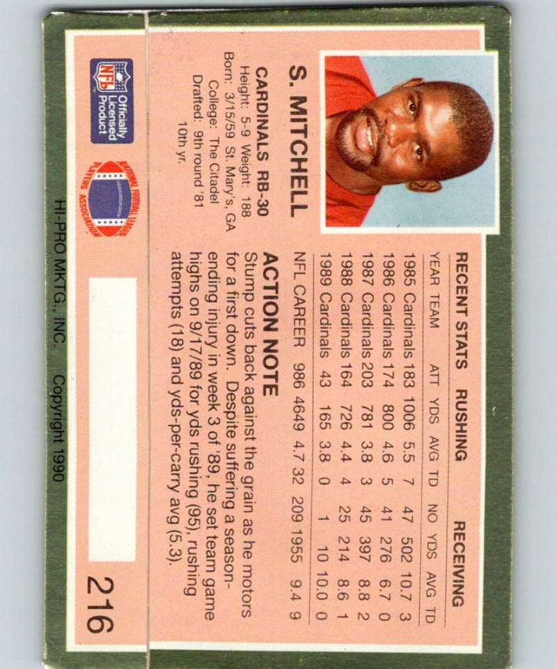 1990 Action Packed #216 Stump Mitchell Cardinals NFL Football Image 2