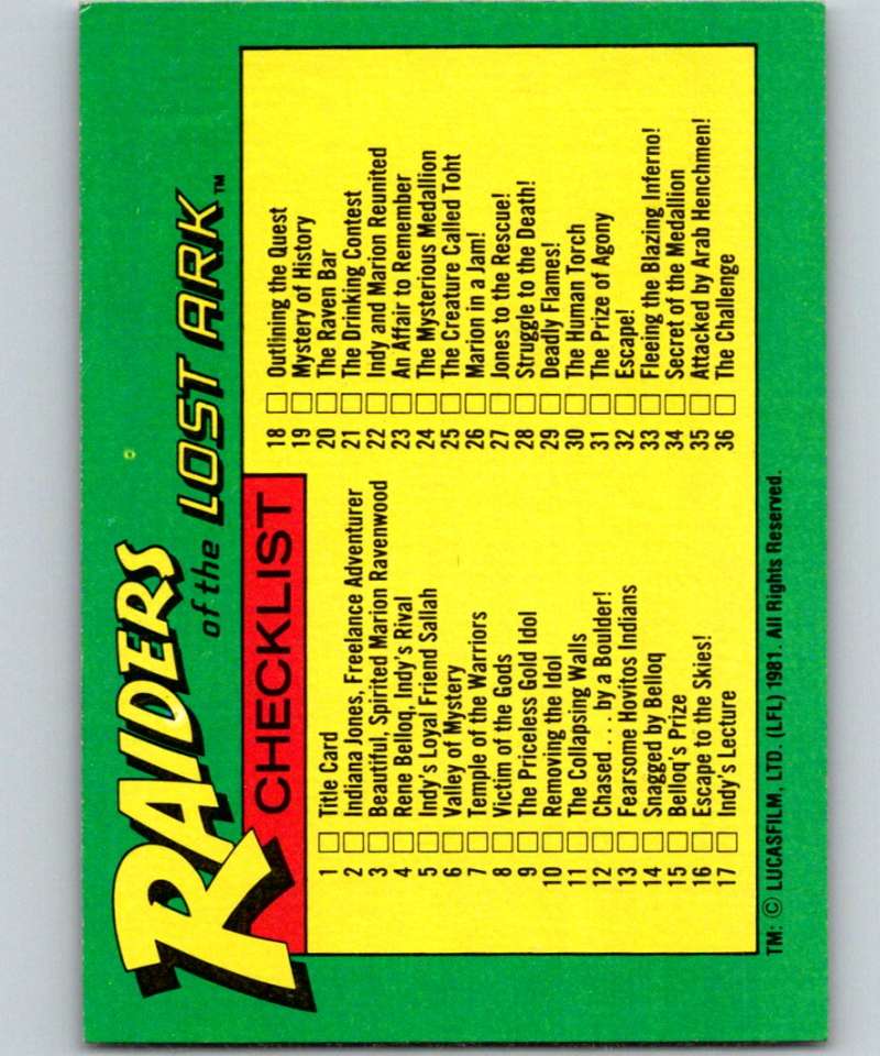 1981 Topps Raiders Of The Lost Ark #88 Checklist