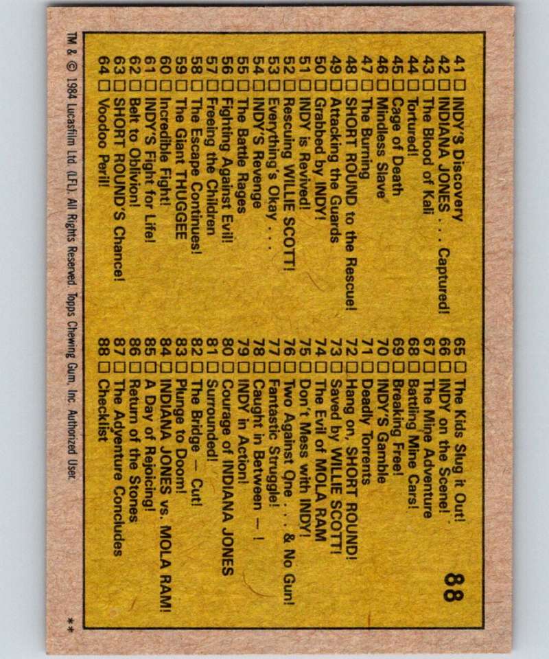 1984 Topps Indiana Jones and the Temple of Doom #88 Checklist