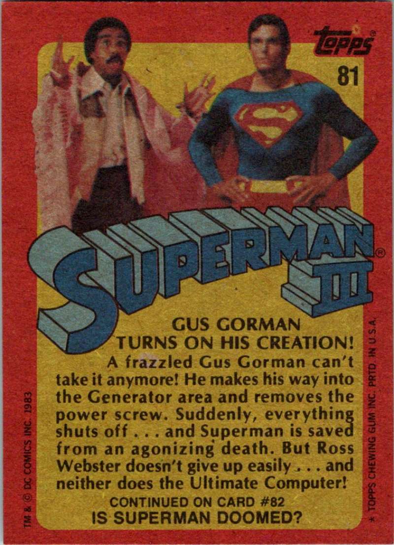 1983 Topps Superman III #81 Gus Gorman Turns on His Creation! Image 2