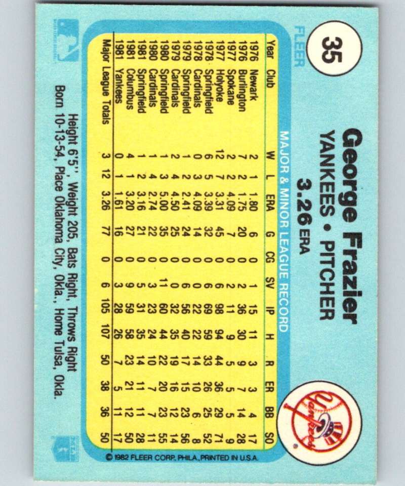 1982 Fleer #35 George Frazier Yankees Image 2