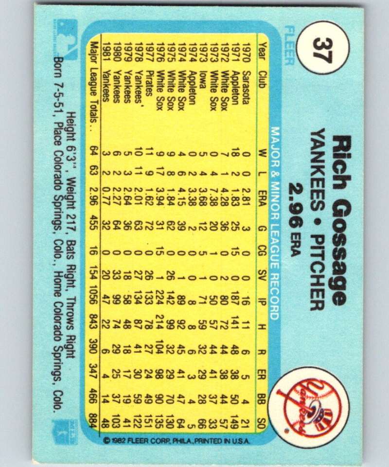 1982 Fleer #37 Rich Gossage Yankees Image 2