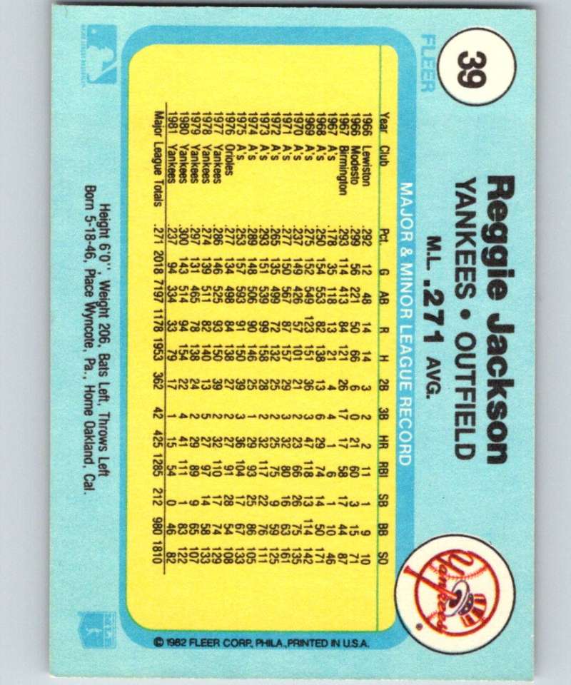 1982 Fleer #39 Reggie Jackson Yankees