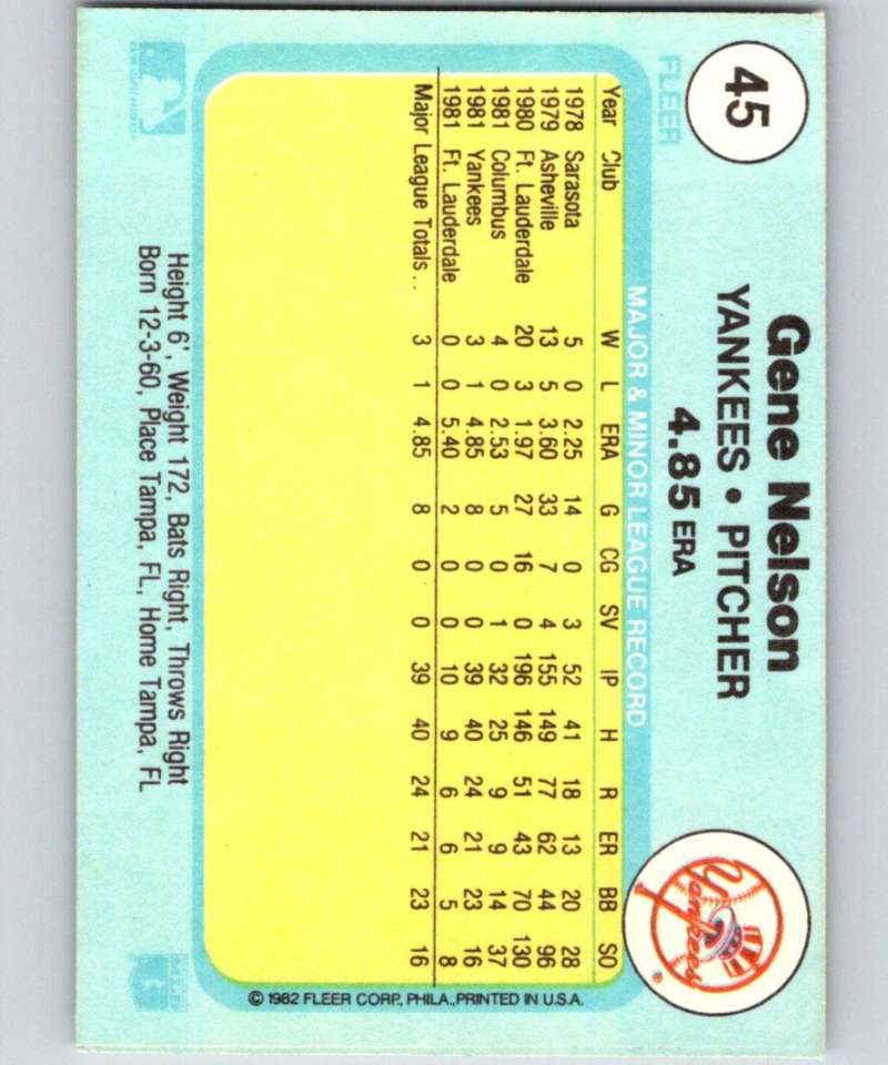 1982 Fleer #45 Gene Nelson RC Rookie Yankees Image 2