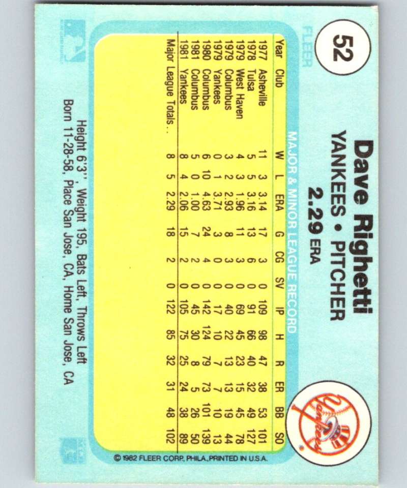 1982 Fleer #52 Dave Righetti RC Rookie Yankees