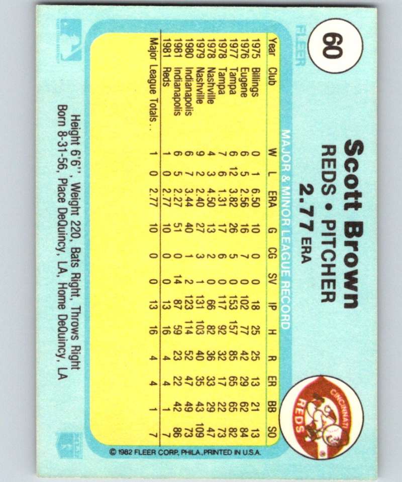 1982 Fleer #60 Scott Brown RC Rookie Reds Image 2