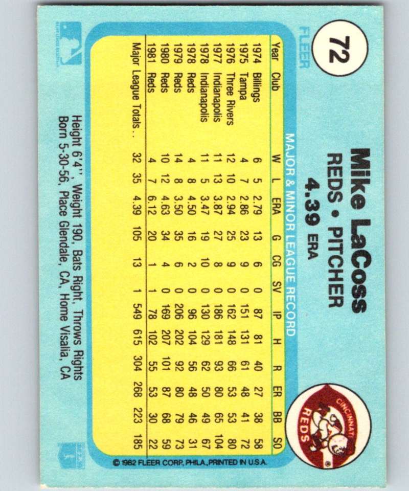 1982 Fleer #72 Mike LaCoss Reds Image 2