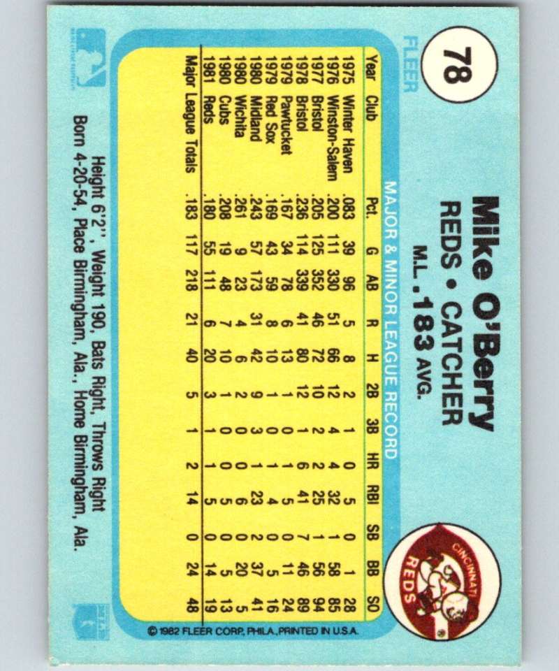 1982 Fleer #78 Mike O'Berry Reds Image 2