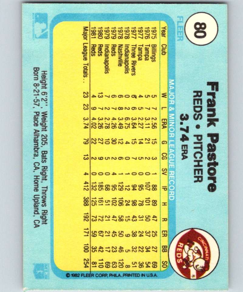1982 Fleer #80 Frank Pastore Reds Image 2