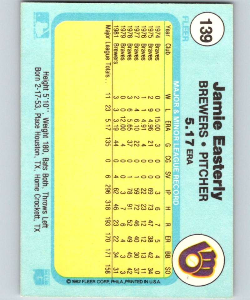 1982 Fleer #139 Jamie Easterly Brewers Image 2