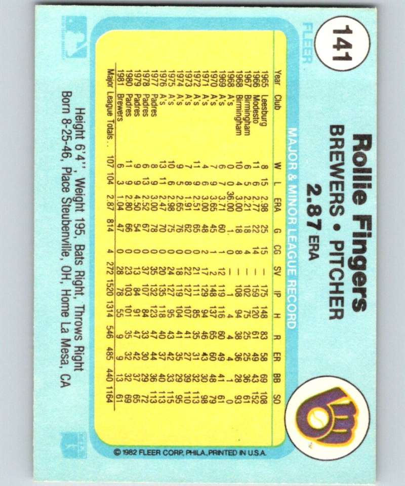 1982 Fleer #141 Rollie Fingers Brewers Image 2