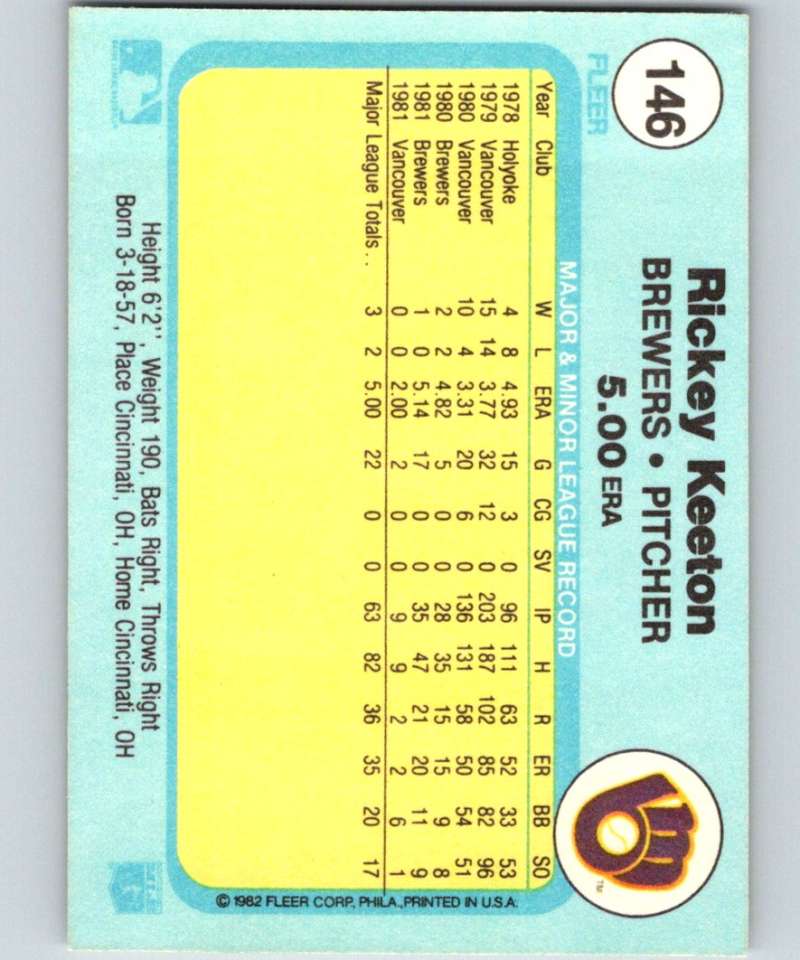 1982 Fleer #146 Rickey Keeton RC Rookie Brewers Image 2