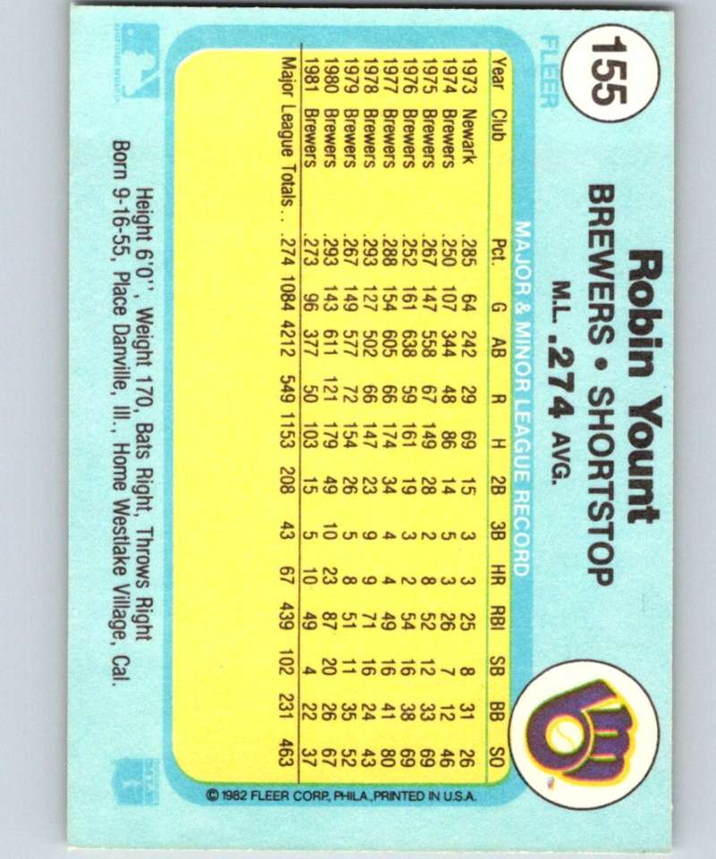 1982 Fleer #155 Robin Yount Brewers Image 2