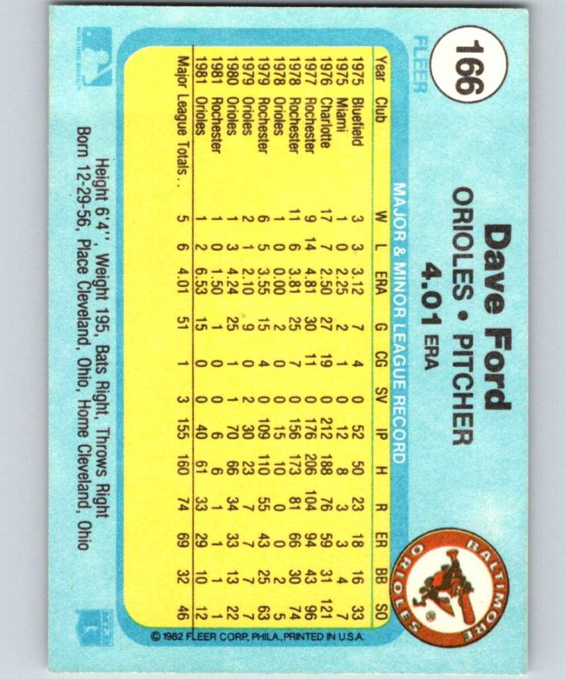 1982 Fleer #166 Dave Ford Orioles Image 2